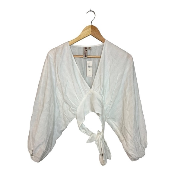 NWT DOLAN V-NECK BLOUSE XXS puff long sleeve white crop top - Picture 2 of 4